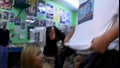 Hot blonde babe licking pussy and giving blowjobs to a group outdoors