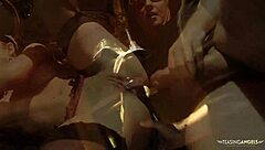 enjoying her time at the castle the naughty brunette gets fucked hard in a threesome