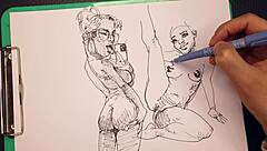 Hey, check out this porn artist sketching sexy girls super fast at work 😎