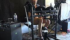 Drummer pedal pump with barefoot blonde.