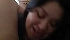 she takes it deep in her throat, gagging on the cock