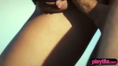 The nasty photographer bends the petite blonde teen model over for doggystyle fucking outdoors.