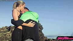 The nasty photographer bends the petite blonde teen model over for doggystyle fucking outdoors.