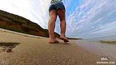 Follow wrinkled feet on sandy beach