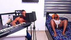 blonde babe fucks producer doggystyle in studio with rough pussy play.