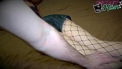 A college girl in fishnet stockings experiences rough treatment and gets cummed on her booty