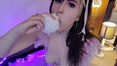 In this story, the egirl bunny is playfully spitting and teasing her asshole with bunny ears