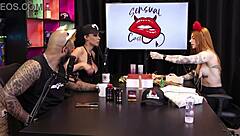 Two beautiful teens test product on breasts, redhead in sheer red 😍