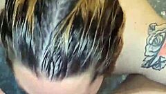 The blonde performs a deepthroat blowjob in walter.