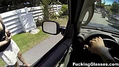 Teen with glasses strips and gets bent over for hardcore fucking.