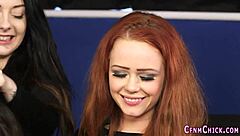 British babes casually give blowjobs in a group humiliation setting.