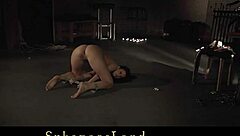 Ballgagged bondage damsel in leather punishment under excessive fuck