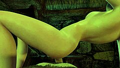 Slim blonde rides cock sideways in Skyrim porn parody, showing big tits and assfucking