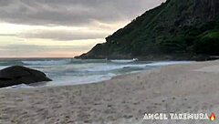 angel takemura goes topless for surfers at grumari-rj beach, wild scene