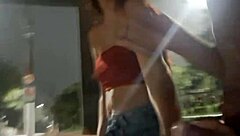 Risky Masturbation on Street for Hot Redhead at Bus Stop