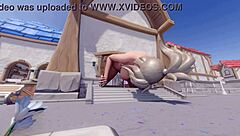 Mercy towers over Blizzard World spawn with kinky crossdressing flair. It’s a wild anime twist!