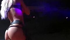 Flexible Babe Undresses and Orgasms on Public Stage!