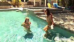 Brett Rossi and Celeste Star intensely kiss and finger shaved pussies by pool.