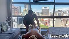 a steamy massage turns wild for tattooed blonde Luxx with a monster cock.