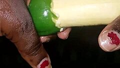 mature woman masturbating with plantain versus pepper, getting wet and cumming