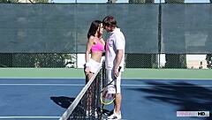 My tennis coach stunned by my smooth pussy display.