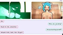 Nicole's risky hentai job, masturbating while staring at exposed tits!