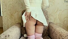 Girl in white skirt, bend over and use that vibrator on your big ass,