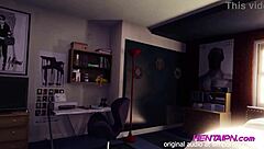 Milf 3d hentai with short hair, green shirt, big chest, shorts, and red thong giving in bedroom