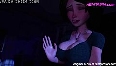 Milf 3d hentai with short hair, green shirt, big chest, shorts, and red thong giving in bedroom