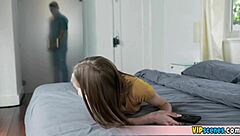 extra small cute blonde stepsister learns to give blowjobs. her skinny frame bends over for doggystyle.