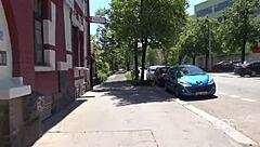 the cock is deep in alexis cherry's mouth, filling it with cum outdoors