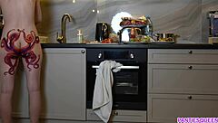 Damn! Naked Housewife with Octopus Tattoo Ignores You While Cooking!