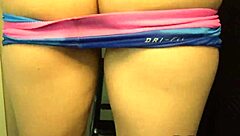 this fitness babe with big tits oils up before sliding a dildo into her tight asshole. every move shows off her athletic curves and ripped clothes.