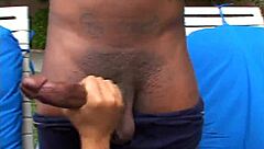 Damn, ebony threesome outdoor with cum and sucking!