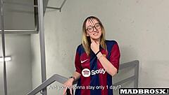 Barcelona fan bent over and double penetrated by PSG fans in stadium corridors