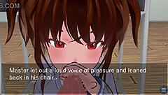 karin under the desk in school blazer, giving oral love