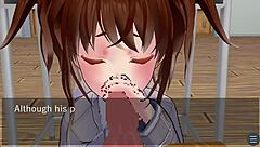 karin under the desk in school blazer, giving oral love