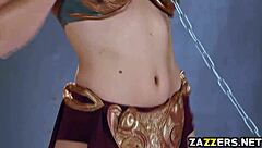 Princess Lay, chained in cosplay, rides Boba’s big cock on top. Her natural tits bounce with every thrust.