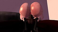 in a cartoon narrative, the black man engages with the redhead white woman on her couch in a 3d anime setup