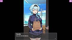 busty delivery worker gets exposed with big tits and toys in anime hentai game