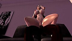 in a cartoon narrative, the black man engages with the redhead white woman on her couch in a 3d anime setup