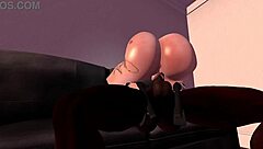 in a cartoon narrative, the black man engages with the redhead white woman on her couch in a 3d anime setup