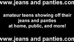 Tight busty blonde Sabine strips out of skinny jeans