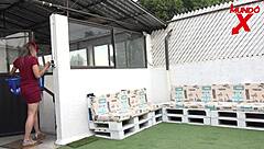 Sexy blonde neighbor gets hard mouth and ass action. Creampie finishes the rough session next door.