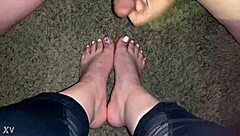 hot amateur latina gets a wild cumshot on her feet. pov footjob leaves her dripping with jizz.