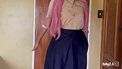 Every day, this brunette in uniform preps for action at college. Her long hair sways before the thrill.