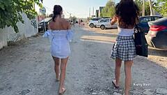 Two Teen Girls Stroll Publicly Without Panties, Flashing Tight Pussies.