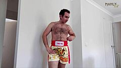 Step gay dad recalls 80s kickboxing while enjoying solo fetish.