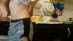 just jerking off in the kitchen while parents watch tv nearby, sneaky orgasm hits hard.