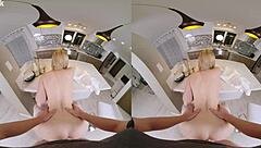 Blonde slut cheats on husband with local milkman in VR, featuring cumshots on tits, doggystyle, and riding